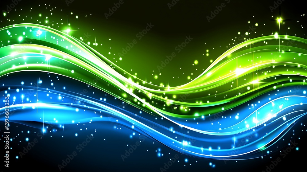 Poster vibrant abstract waves of green and blue light flowing against a dark background, creating a dynamic