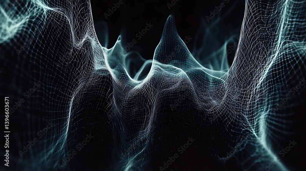 Poster abstract representation of flowing waves of light and energy in a dark background, creating a mesmer