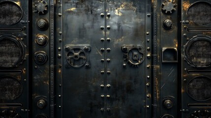 A detailed view of an aged, industrial door featuring metal textures and intricate designs, showcasing vintage craftsmanship and character.