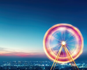 A glowing ferris wheel at the edge of the suburbs with the city behind, Suburban Sunset of City Skylines