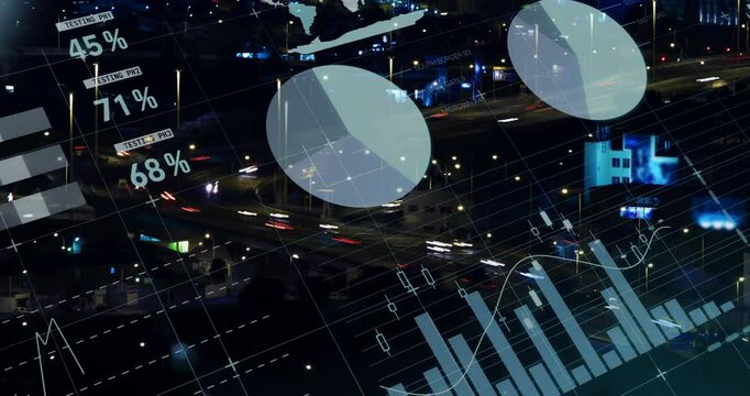 Overlaying cityscape, data analytics and graphs with moving traffic lights visible