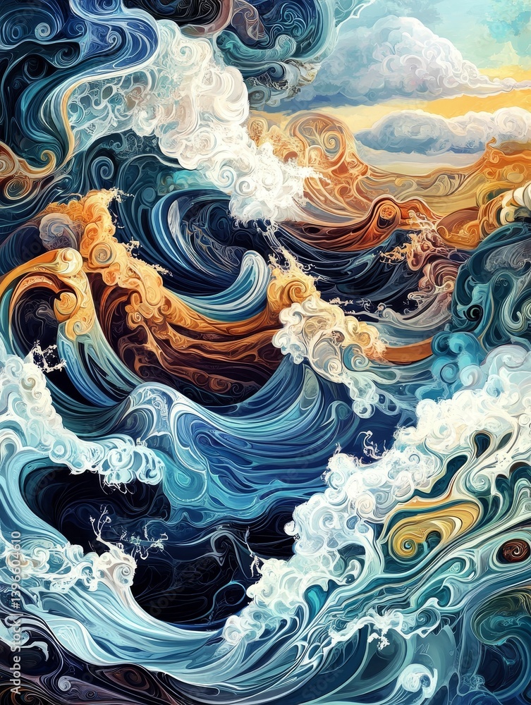 Poster abstract ocean waves with swirling blue and brown colors creating a dynamic scene.