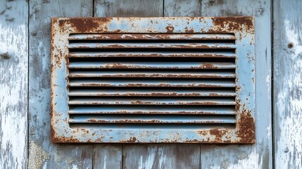 A weathered, rusty ventilation grate mounted on a wooden wall, showcasing industrial charm and age with a touch of natural texture.