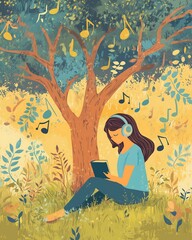 A young woman enjoys music while reading under a tree, surrounded by nature and colorful foliage, creating a serene atmosphere.