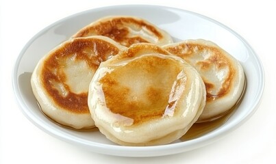 Fluffy pancakes with honey on a plate, isolated on white background; perfect for food blogs and recipe websites