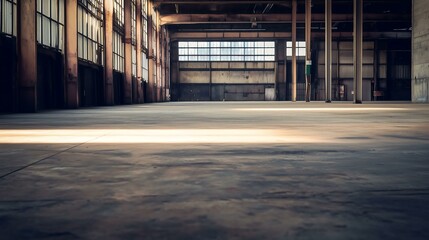 An empty, industrial warehouse space with concrete floor and large windows, showcasing a blend of light and shadows in a vast area.