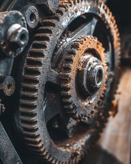 Close-up of a rusty gear, showcasing intricate details and textures, representing the essence of machinery in industrial settings.