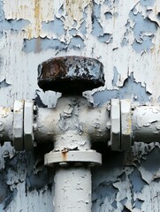 Close-up of a rusty pipe valve against peeling blue paint, showcasing industrial decay and texture.