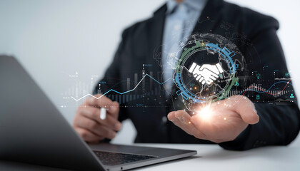 Businessman forming partnerships with futuristic interface and global analytics, symbolizing mutual trust, innovation and strategic cooperation in digital business world