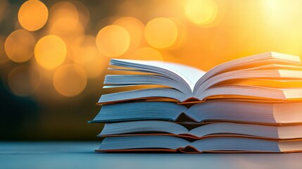 Stack of Books with Warm Golden Lights Background