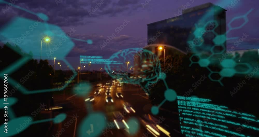 Poster neural network and data processing animation over cityscape at dusk
