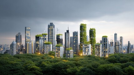 Obraz premium Urban sustainability initiative eco-friendly skyscrapers in a green cityscape modern architecture nature integration