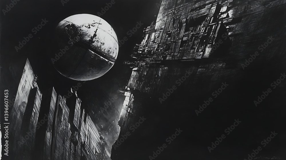 Poster dark futuristic landscape featuring a massive planet looming over a mysterious, angular structure