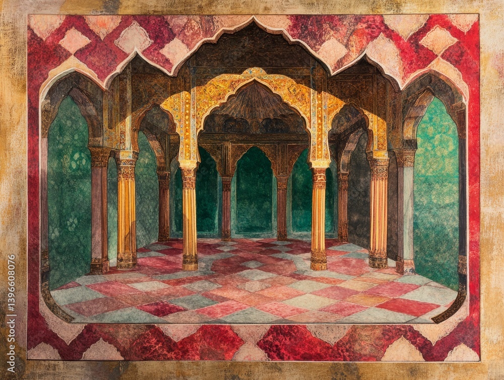 Poster ornate architectural structure with arches columns and patterned floor inside a building.