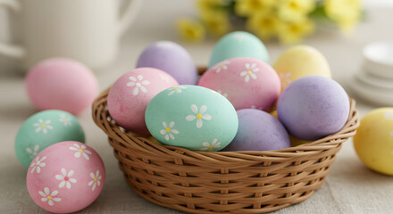 Pastel Easter Eggs with Daisy Print in Woven Basket