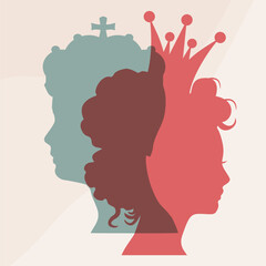 Queen and king. Happy valentines day and wedding design concept. Side view. Silhouettes of two heads.