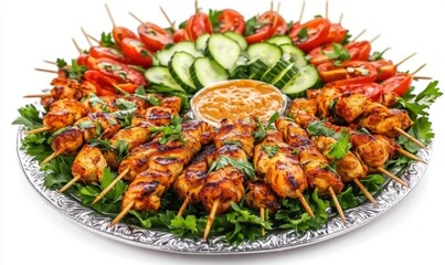 Grilled chicken skewers, tomato, cucumber platter.  Perfect for a party or restaurant menu