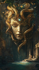 Naklejka premium Mythical Medusa Statue in Ancient Ruins with Serpents and Emerald Hues - A Journey into Greek Mythology and Enchantment