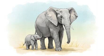 Obraz premium Elephant Family Illustration Mother and Calf Standing Together in the Wild