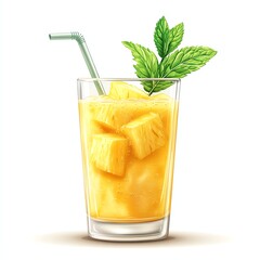 Refreshing Pineapple Juice with Ice Cubes and Mint Garnish in Glass