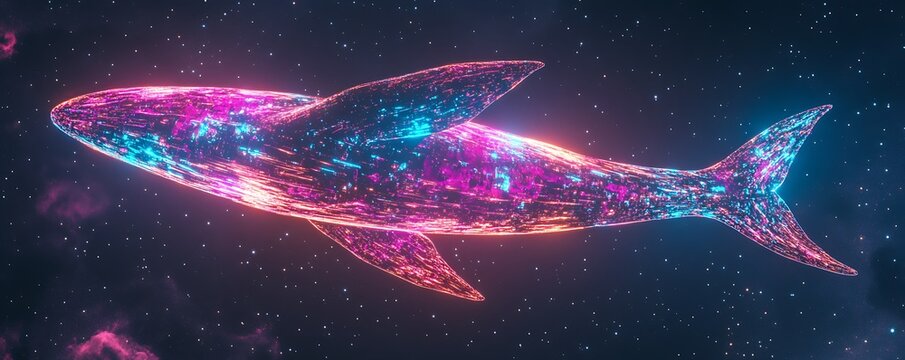 Colorful digital shark floats in the starry, cosmic background for a graphic design element