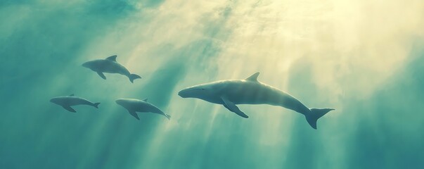 Obraz premium Pod of dolphins swimming freely in the sea lit by sunlight in the background for marine life articles