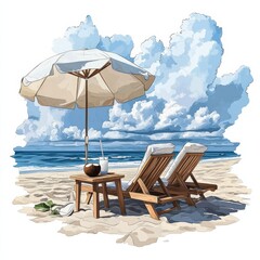 Relaxing on a tropical beach with a lounge chair and coconut drink under a vibrant umbrella