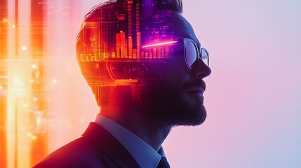 Corporate visionary in profile, with glowing purple-orange charts arcing above his head, reflected in his focused gaze, set against a soft white digital space with minimal shadows.