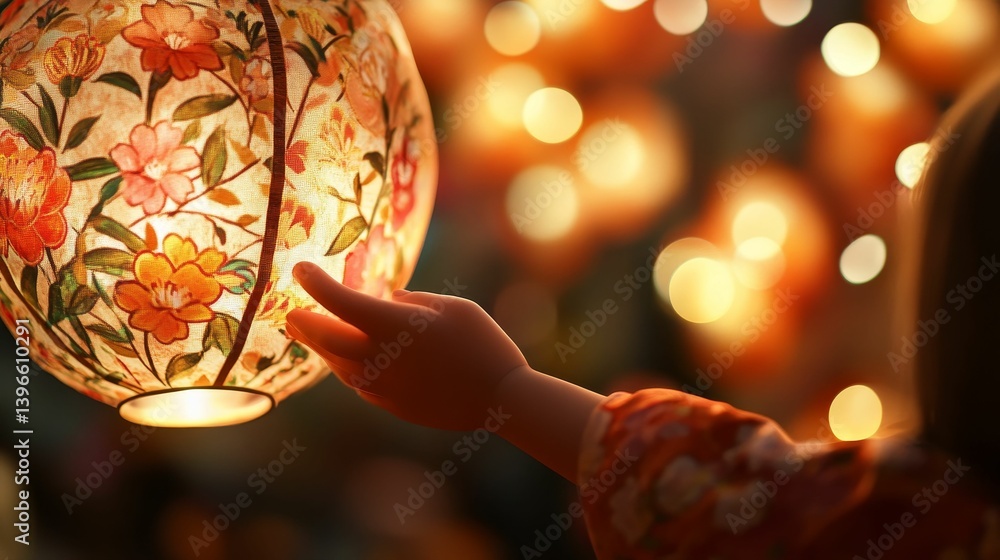Poster hand touches floral patterned lantern with bokeh lights in background soft focus.