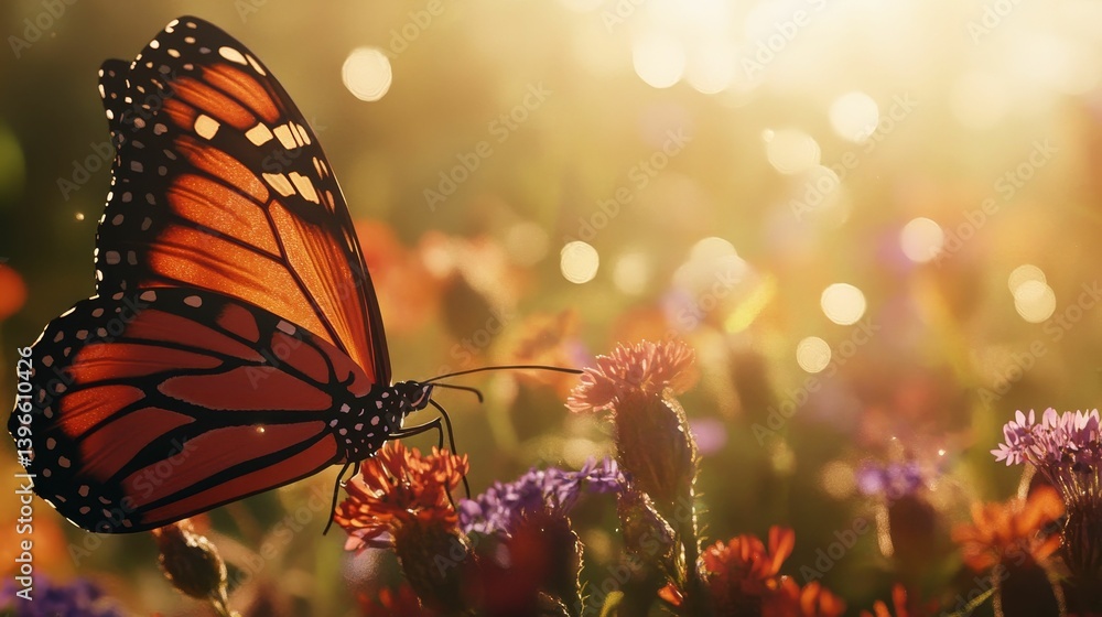 Poster butterfly on flowers in a field with sunlight bokeh effect and soft focus.