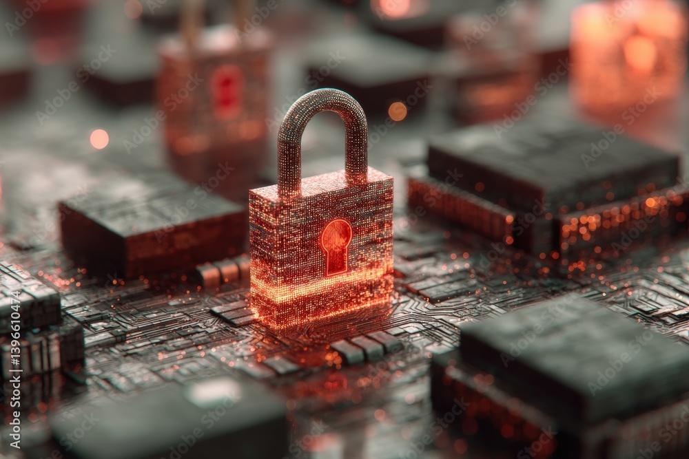Poster digital lock on a circuit board with glowing elements and intricate details.