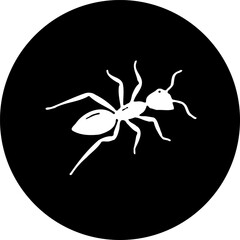 Monochromatic ant illustration against a dark circular backdrop minimalism