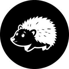 Stylized hedgehog illustration in a black circle, representing nature and simplicity