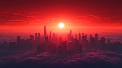Crimson Skyline: A City Above the Clouds at Sunset