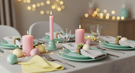 Pastel Easter Table Setting with Candles and Decorative Eggs