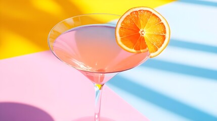 Refreshing Pastel Cocktail with Orange Slice on Colorful Background