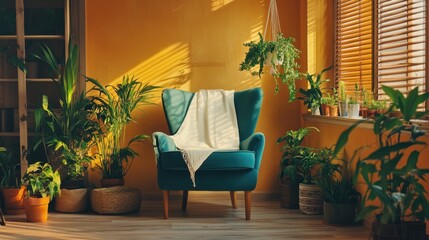 A vibrant, plant-filled room features a teal armchair draped with a white throw, bathed in warm sunlight streaming through blinds. Cozy and inviting