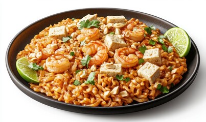 Pad Thai with shrimp and tofu, lime wedges; delicious Asian food; studio shot, white background; food blog, recipe