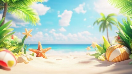 Obraz premium Relaxing Beach Scene with Starfish and Ball on Sunny Day