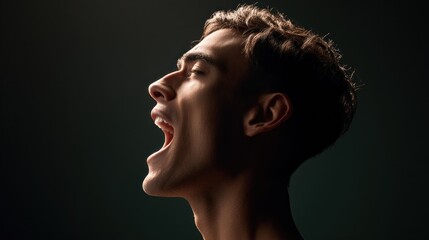 Emotional singing performance studio portrait photography dark background side view expressive art