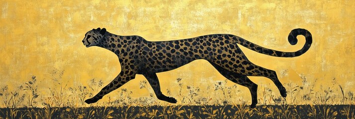 Silhouette of a cheetah walking across a grassy plain with a golden background.