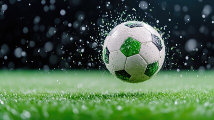 Naklejka premium Soccer ball in motion, water droplets splashing