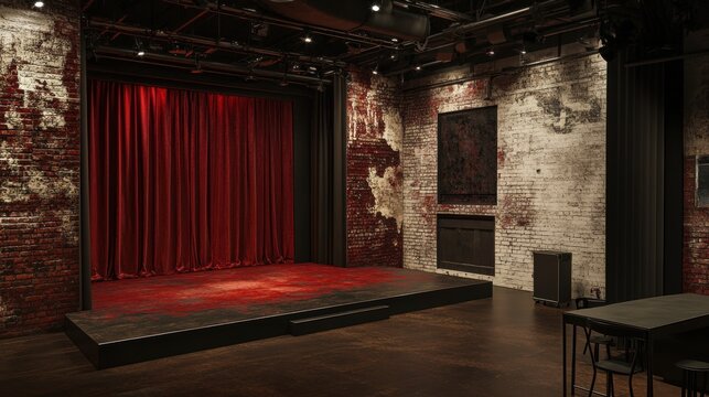 A dimly lit stage with red curtains and distressed brick walls creates a dramatic, intimate performance space. Wooden floors and minimal seating complete the scene