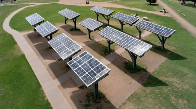 Solar energy innovation urban park solar panel installation outdoor space aerial view renewable energy concept
