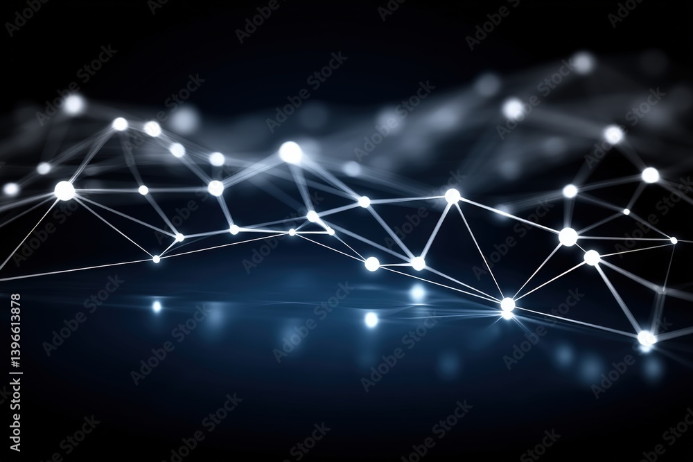 Poster abstract network design with glowing connections on a dark background.