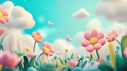 Cartoon Flowers Bloom in a Sunny Field Under a Cloudy Sky