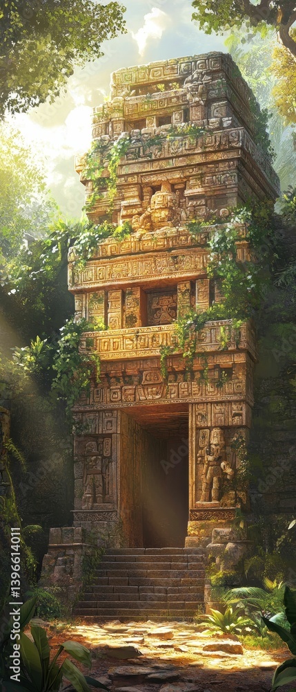 Poster stone structure in a jungle or forest setting with sunlight.