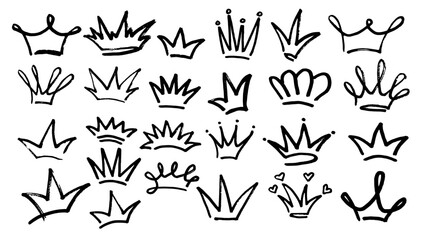 Fototapeta premium Crown Hand Drawn Grunge Cartoon Set. Crown Brush Element Set. Linear Hand Drawn Vector Sketch Marker Elements Collection. Pen Stroke Graphic Icons Illustration Set
