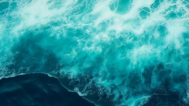Aerial View of Ocean Waves Crashing, Displaying Turquoise and Deep Blue Waters