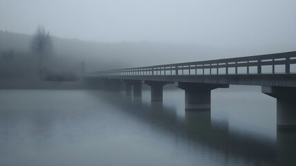 Fototapeta premium Ethereal Bridge Stretching Into Dense Fog Over Calm Water